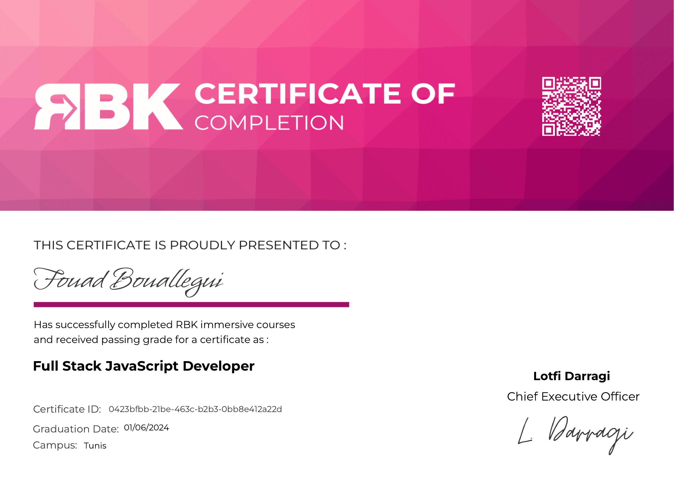 RBK Full Stack JavaScript Developer certificate of completion